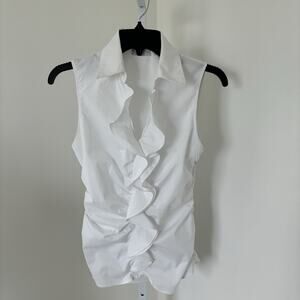 New York & Company White Sleeveless Ruffle Front Side Zip Blouse Size S